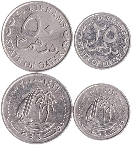 2 Érmék, Katar | Katari Érme Meghatározott Gyűjtemény 25 50 Dirham | Juttatni 2000-2003 | pálmafák | Vitorlás