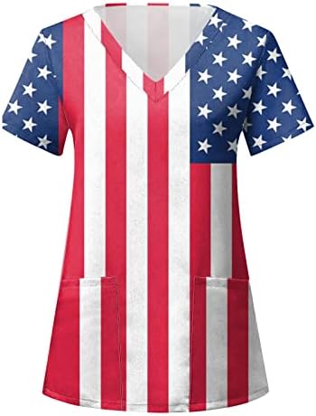 Július 4-én Tshirt a Nők Amerikai Zászló Nyári Rövid Ujjú, V-Nyakú Póló, 2 Zsebbel Vicces Ünnepi Alkalmi
