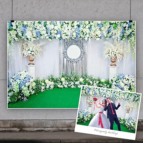 Yeele 10x8ft Esküvői Virágos Függöny Háttérben Kék Fehér Fény a Virágok Fehér Függöny Zöld Fű Fotózás