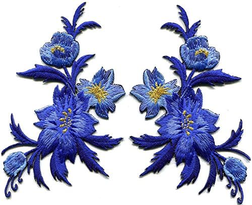 Royal kék virágok pár virágcsokor bohém hímzett appliqués vas-a foltok pár új.3 x 5.13 cm.