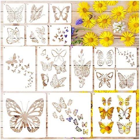 16 Db Pillangó Stencil Festés, Újrahasználható Műanyag Tavaszi Sablonok Virág Pillangók Stencil Festés