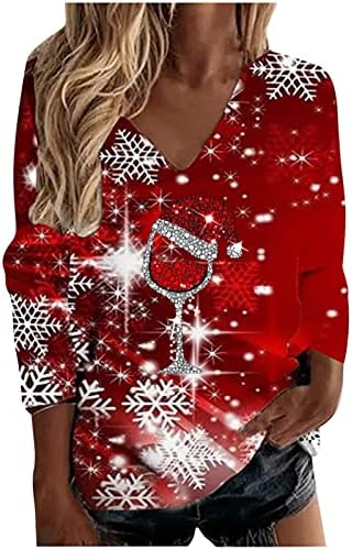 Karácsonyi Pólók Női Hópehely Szív Grafikus Alkalmi Hosszú Ujjú Pulóver Póló Felső Laza V-Nyakú Xmas Pulóver